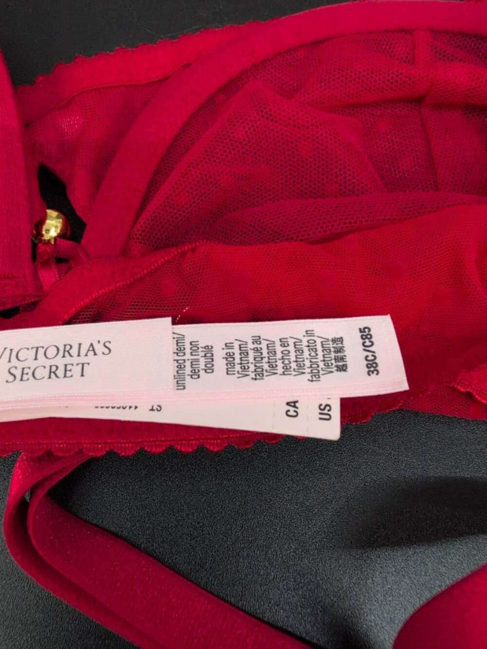 Victoria's Secret Jingle Bells Mesh Unlined Demi Bra Lipstick Red 38C NWT - Picture 8 of 11
